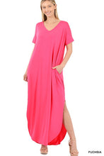 Load image into Gallery viewer, VISCOSE SIDE SLIT V-NECK SHORT SLEEVE MAXI DRESS
