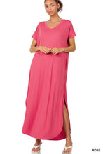 Load image into Gallery viewer, VISCOSE SIDE SLIT V-NECK SHORT SLEEVE MAXI DRESS
