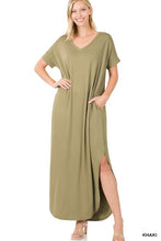 Load image into Gallery viewer, VISCOSE SIDE SLIT V-NECK SHORT SLEEVE MAXI DRESS
