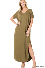 Load image into Gallery viewer, VISCOSE SIDE SLIT V-NECK SHORT SLEEVE MAXI DRESS
