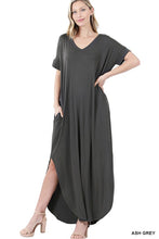 Load image into Gallery viewer, VISCOSE SIDE SLIT V-NECK SHORT SLEEVE MAXI DRESS

