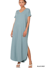 Load image into Gallery viewer, VISCOSE SIDE SLIT V-NECK SHORT SLEEVE MAXI DRESS
